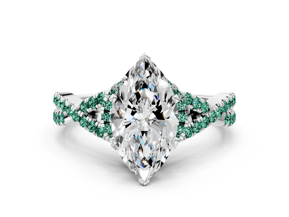 Silver Marquise Cut Diamond with Green Sapphire side stone Halo Twist Band Solitaire Prong Setting Ring