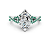 Silver Marquise Cut Diamond with Green Sapphire side stone Halo Twist Band Solitaire Prong Setting Ring