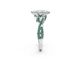 Silver Marquise Cut Diamond with Green Sapphire side stone Halo Twist Band Solitaire Prong Setting Ring_2