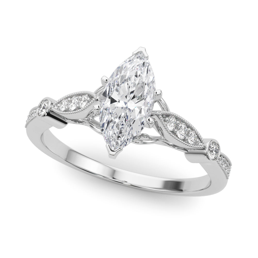 Silver Marquise Cut Diamond with Milgrain Marquise and Bezel Accents on a Solitaire Band with Prong Setting 2
