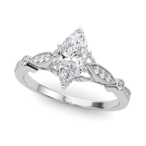Silver Marquise Cut Diamond with Milgrain Marquise and Bezel Accents on a Solitaire Band with Prong Setting 2