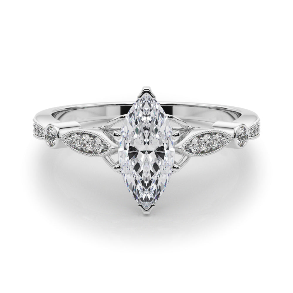 Silver Marquise Cut Diamond with Milgrain Marquise and Bezel Accents on a Solitaire Band with Prong Setting