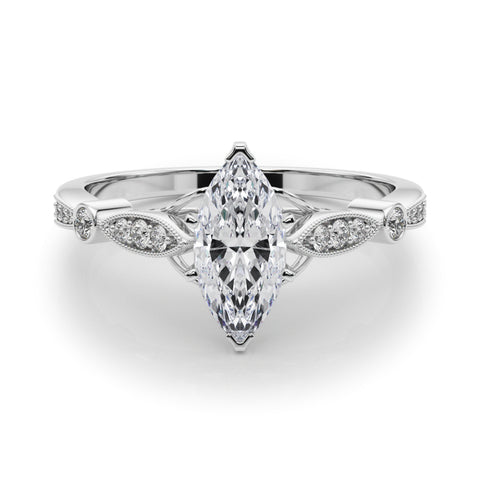 Silver Marquise Cut Diamond with Milgrain Marquise and Bezel Accents on a Solitaire Band with Prong Setting
