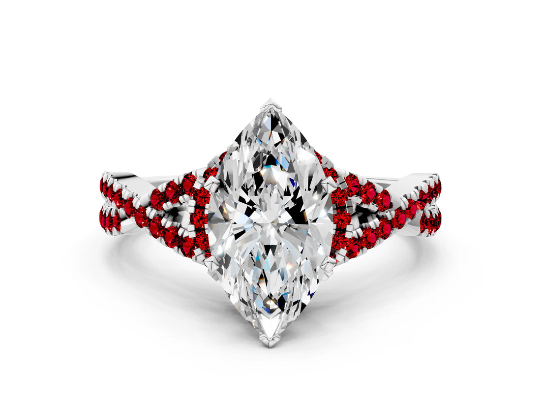 Silver Marquise Cut Diamond with Ruby side stone Halo Twist Band Solitaire Prong Setting Ring