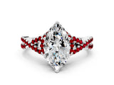 Silver Marquise Cut Diamond with Ruby side stone Halo Twist Band Solitaire Prong Setting Ring