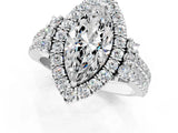 Silver Marquise Cut Double Halo Diamond Engagement Ring with Pave Band and Four-Prong Setting 1