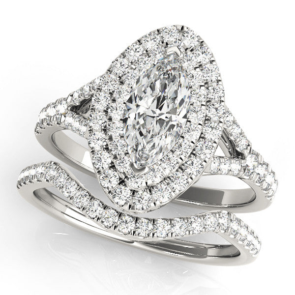 Silver Marquise Cut Double Halo Split Shank Diamond Ring with Prong Setting