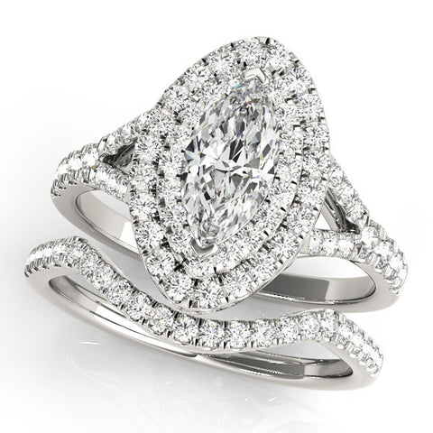 Silver Marquise Cut Double Halo Split Shank Diamond Ring with Prong Setting