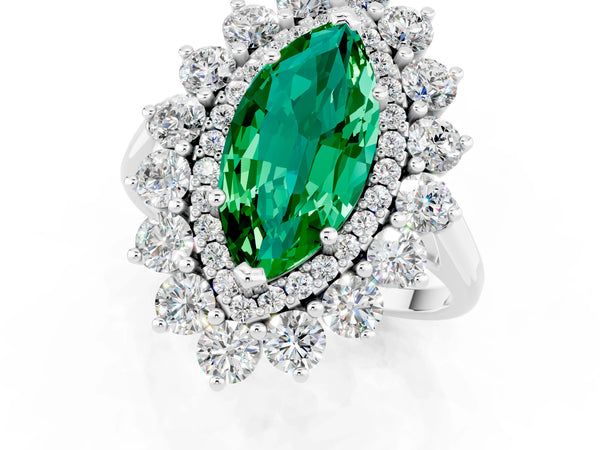 Sterling Silver Marquise Lab-Grown Emerald Floral Double Halo Engagement Ring with Plain Band