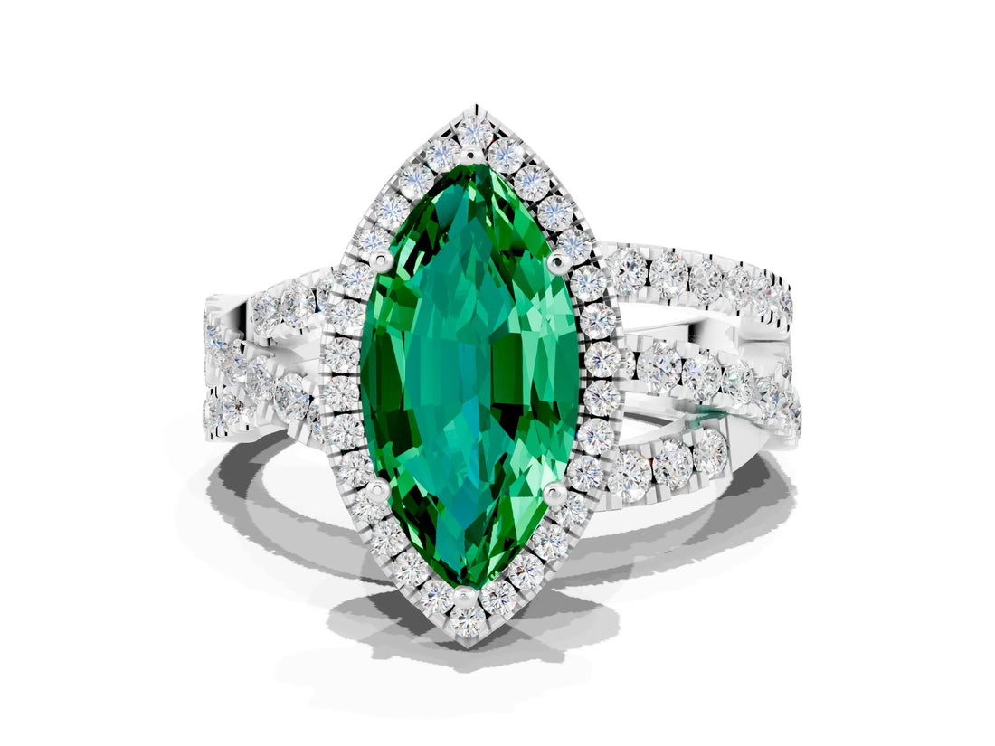 Silver Marquise Cut Emerald Halo Ring with Round Split Shank and Prong Setting_66