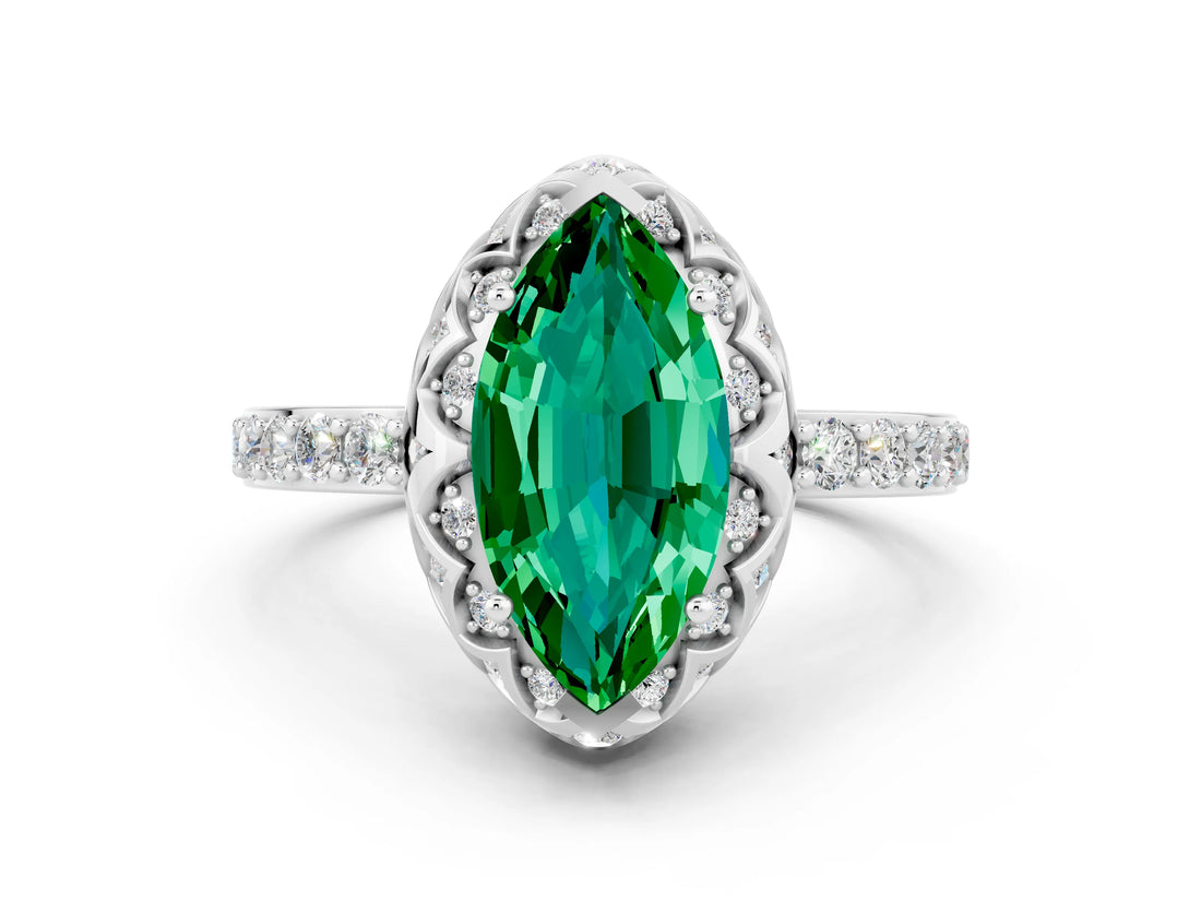 Silver Marquise Cut Emerald Scalloped Halo Engagement Ring with Round Shared Prong Band_42