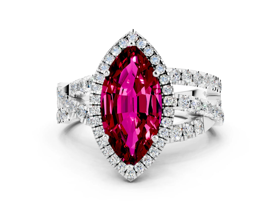 Silver Marquise Cut Garnet Halo Ring with Round Split Shank and Prong Setting_66