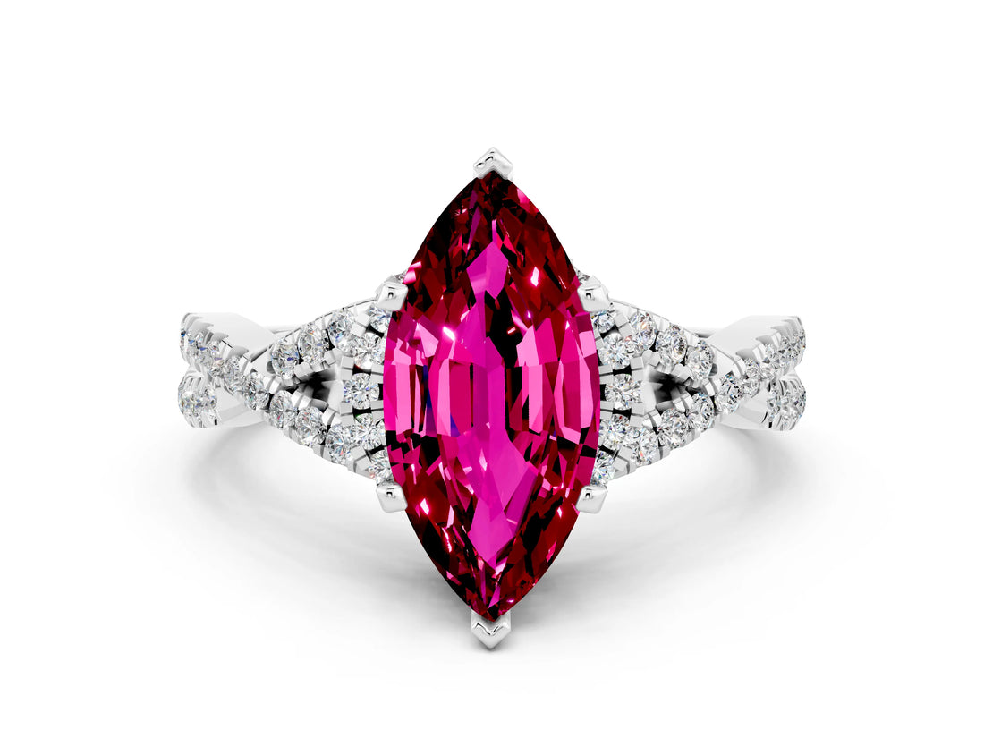 Silver Marquise Cut Garnet  Halo Twist Band Solitaire Prong Setting Ring_12