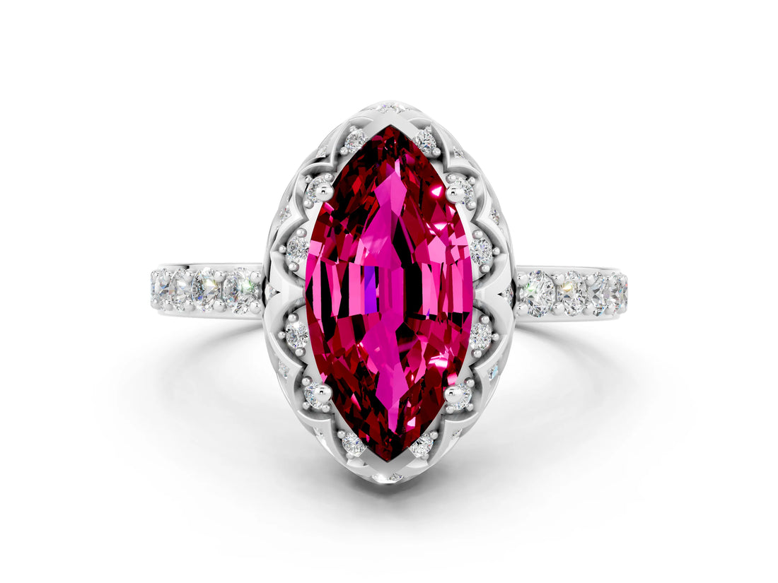 Silver Marquise Cut Garnet Scalloped Halo Engagement Ring with Round Shared Prong Band_60