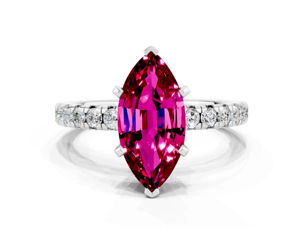 Silver Marquise Cut Garnet Solitaire Pavé Engagement Ring with Round Band and Prong Setting