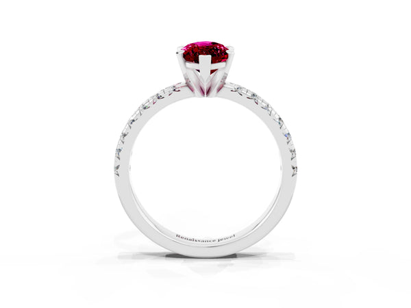 Silver Marquise Cut Garnet Solitaire Pavé Engagement Ring with Round Band and Prong Setting