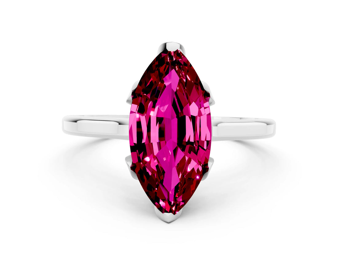 Silver Marquise Cut Garnet Solitaire Ring with Flower Prong Setting and Classic Band_12