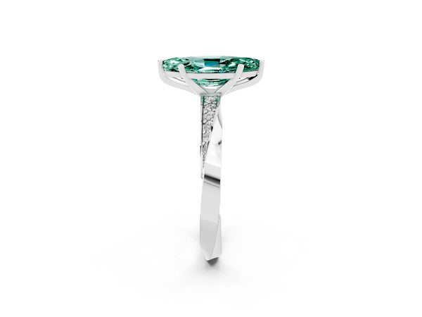 Silver Marquise Cut Green Sapphire Engagement Ring with Side Stone Accents and Four-Prong Setting