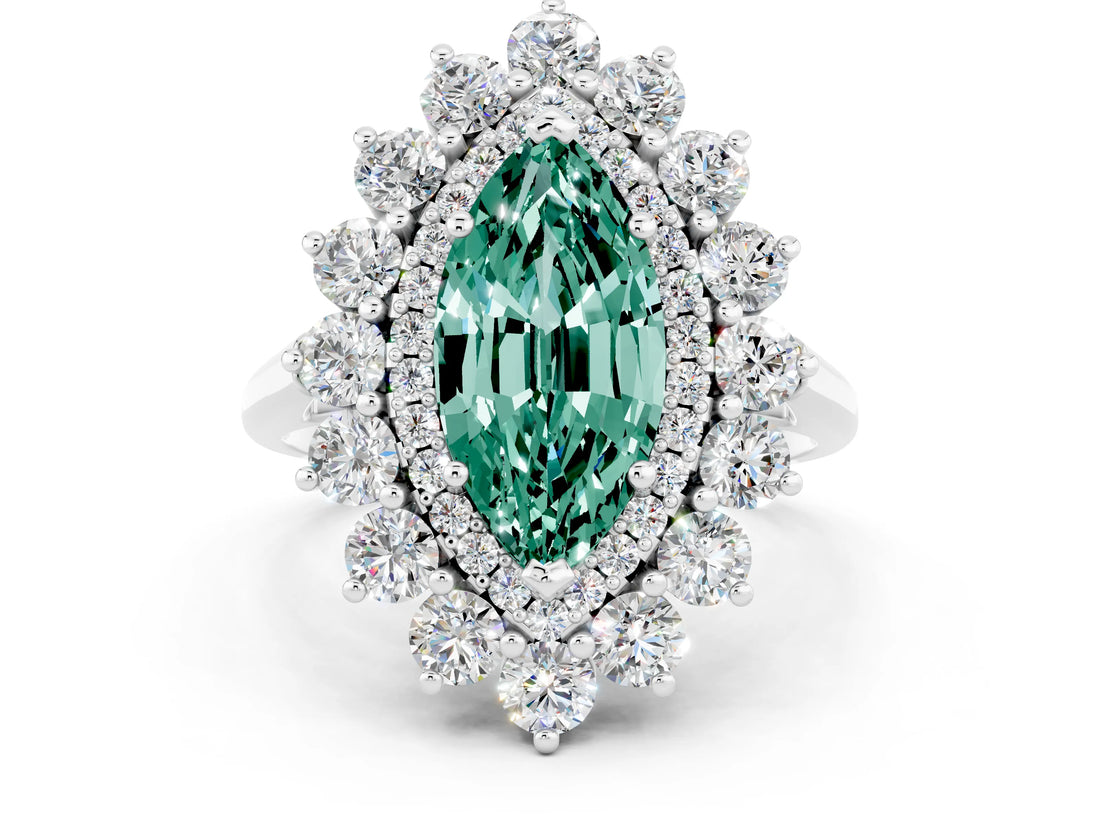 Silver Marquise Cut Green Sapphire Floral Double Halo Engagement Ring with Prong Setting_139