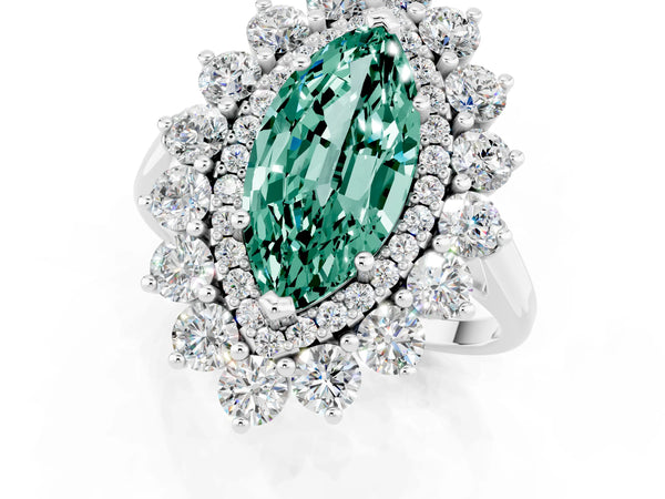 Silver Marquise Cut Green Sapphire Floral Double Halo Engagement Ring with Prong Setting