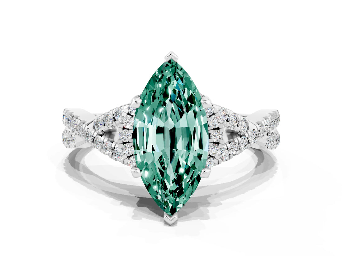 Silver Marquise Cut Green Sapphire  Halo Twist Band Solitaire Prong Setting Ring_12