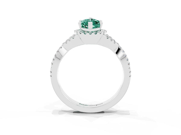 Silver Marquise Cut Green Sapphire  Halo Twist Band Solitaire Prong Setting Ring