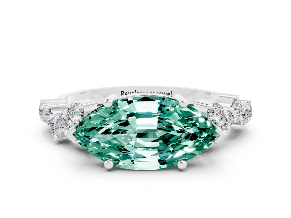 Silver Marquise Cut Green Sapphire Scattered Round Accent Ring with Prong Setting_30