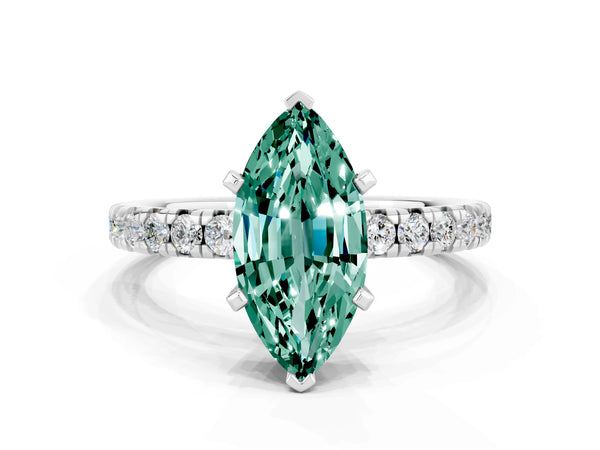 Silver Marquise Cut Green Sapphire Solitaire Pavé Engagement Ring with Round Band and Prong Setting