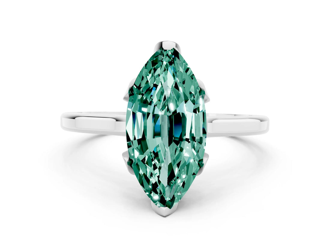 Silver Marquise Cut Green Sapphire Solitaire Ring with Flower Prong Setting and Classic Band