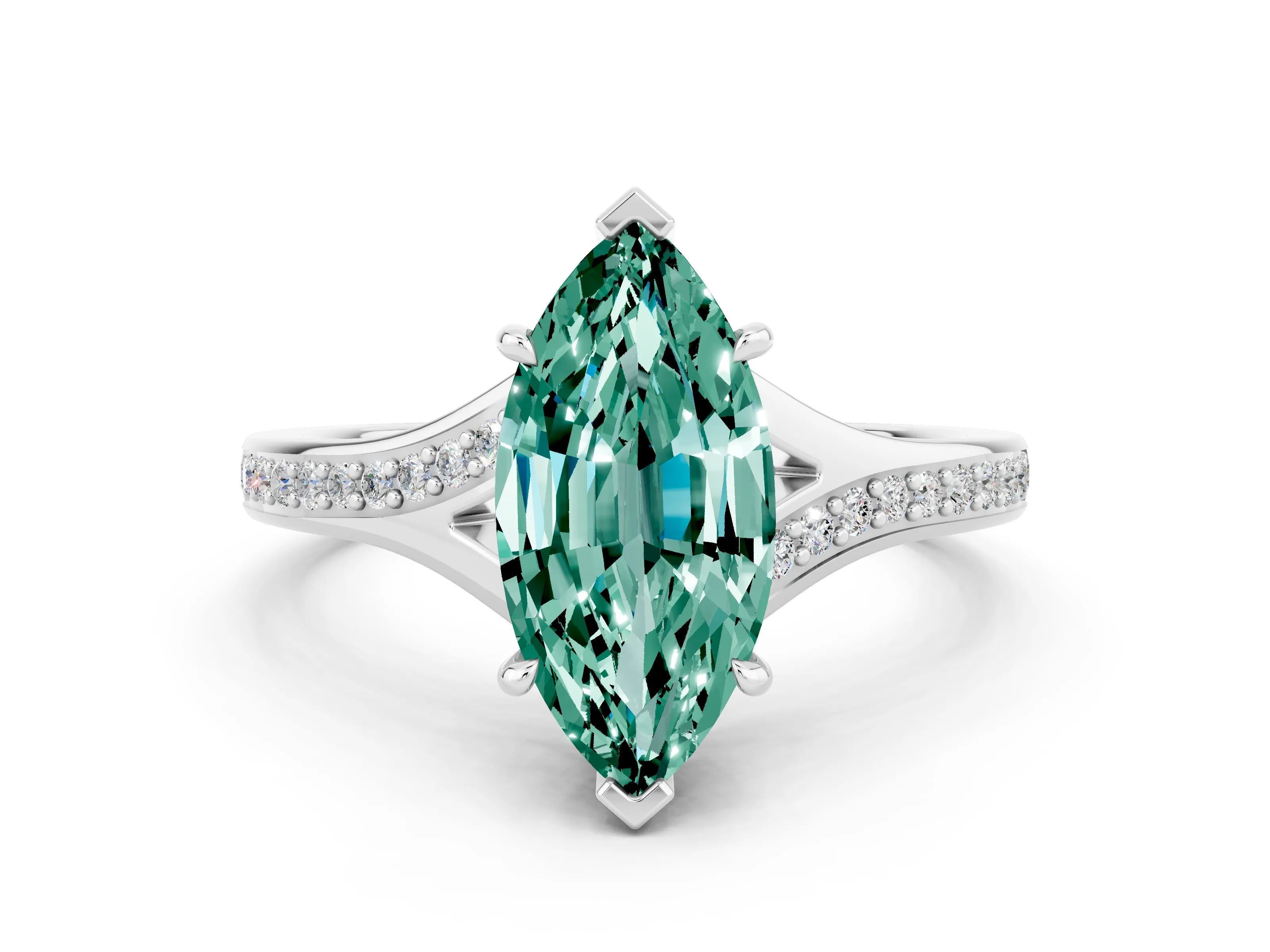 Silver Marquise Cut Green Sapphire Solitaire Ring with Pavé Band and Prong Setting_12