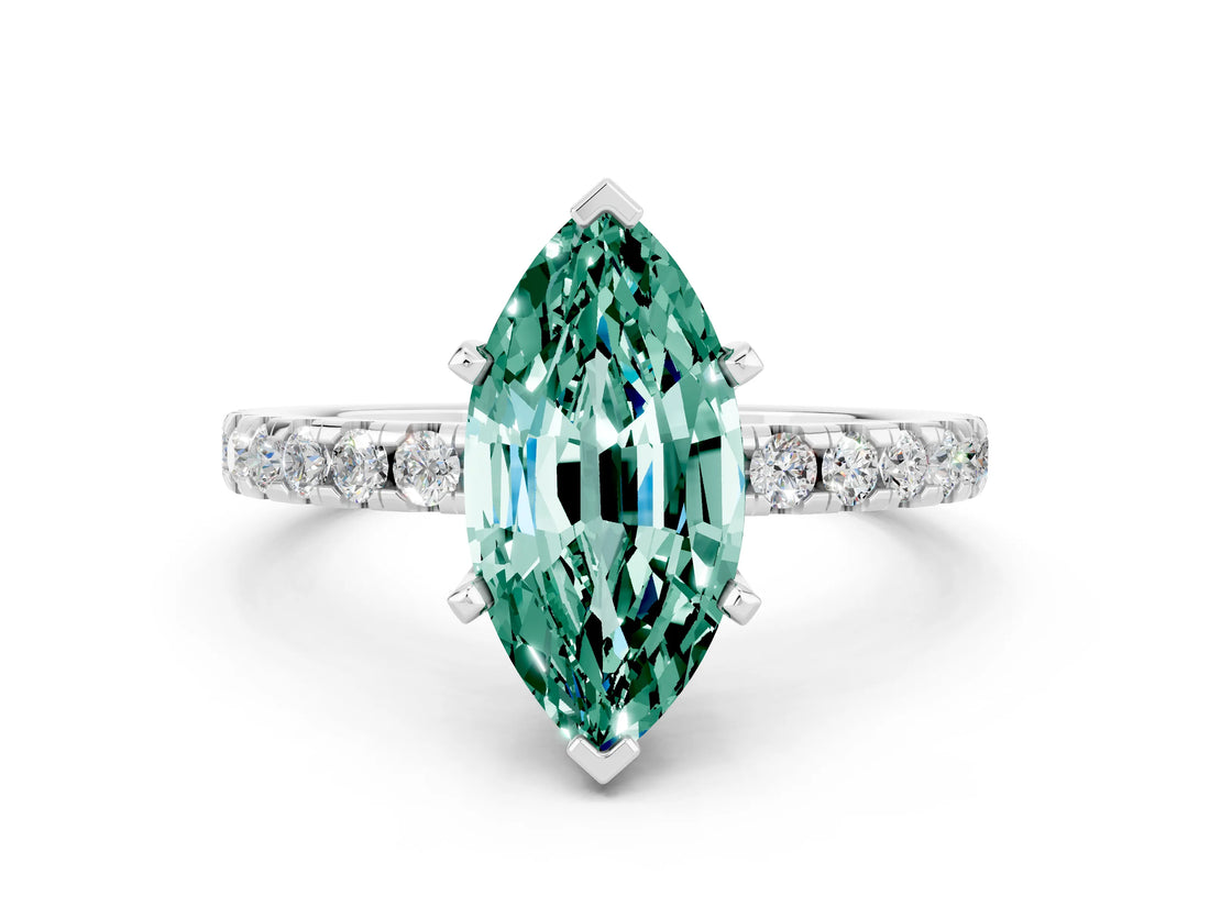 Silver Marquise Cut Green Sapphire Solitaire Ring with Round  Pavé Band and Four-Prong Setting_36