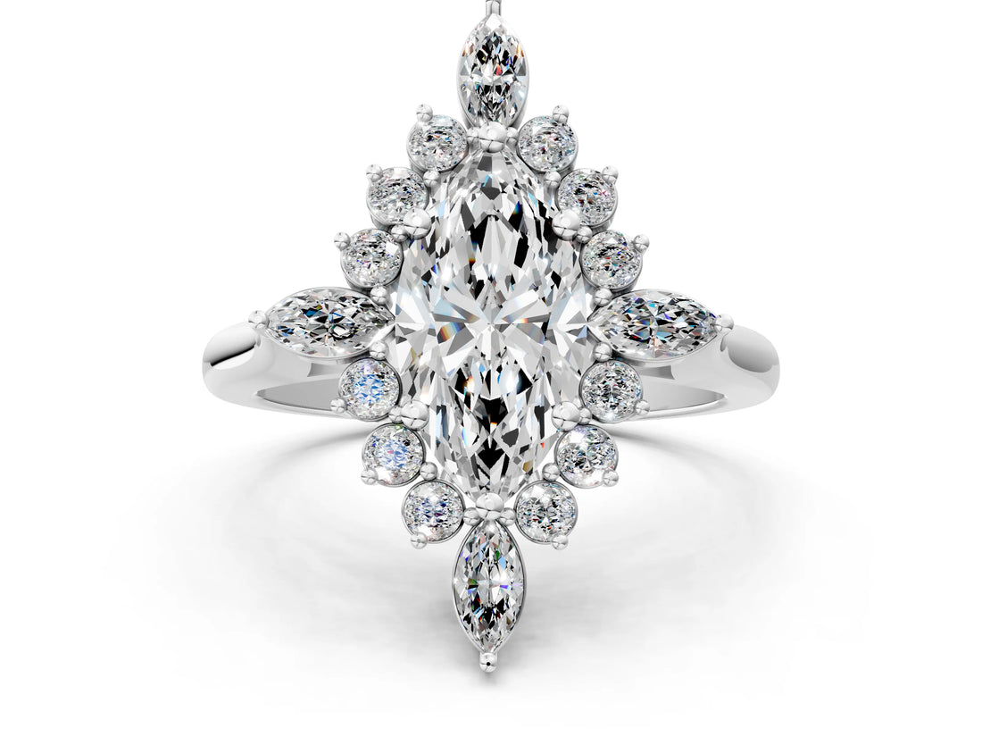Silver Marquise Cut Halo Diamond Cluster Ring with Marquise and Round Stones on a White Gold Band with Prong Setting_13