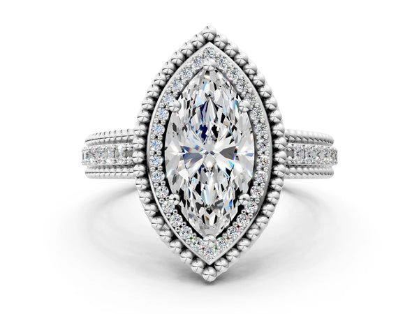 Sterling Silver Marquise Beaded Halo Engagement Ring Setting with Pave