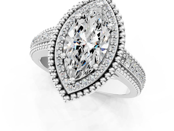 Sterling Silver Marquise Beaded Halo Engagement Ring Setting with Pave