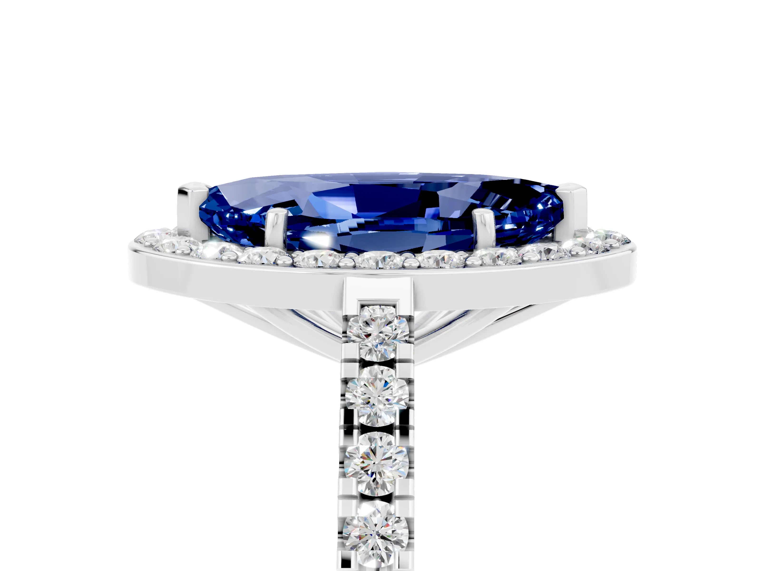 Silver Marquise Cut Halo Diamond Ring with Pavé Band and Three-Prong Setting_14