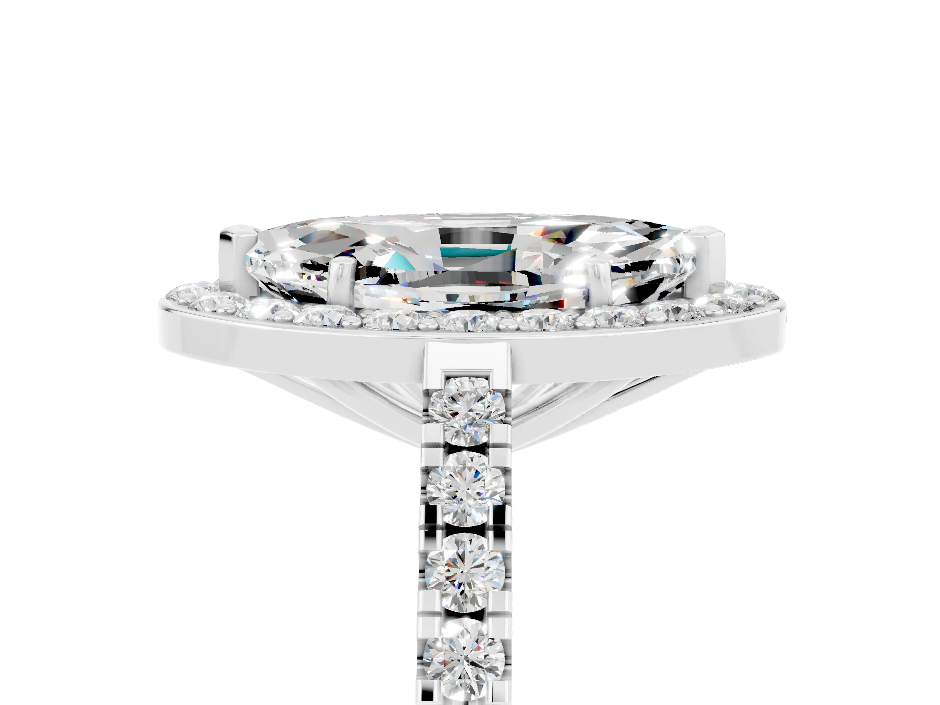 Silver Marquise Cut Halo Diamond Ring with Pavé Band and Three-Prong Setting_15