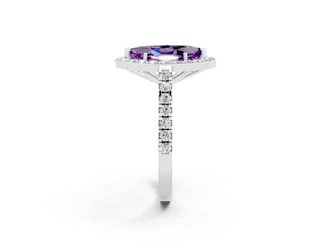 Silver Marquise Cut Halo Diamond Ring with Pavé Band and Three-Prong Setting_8