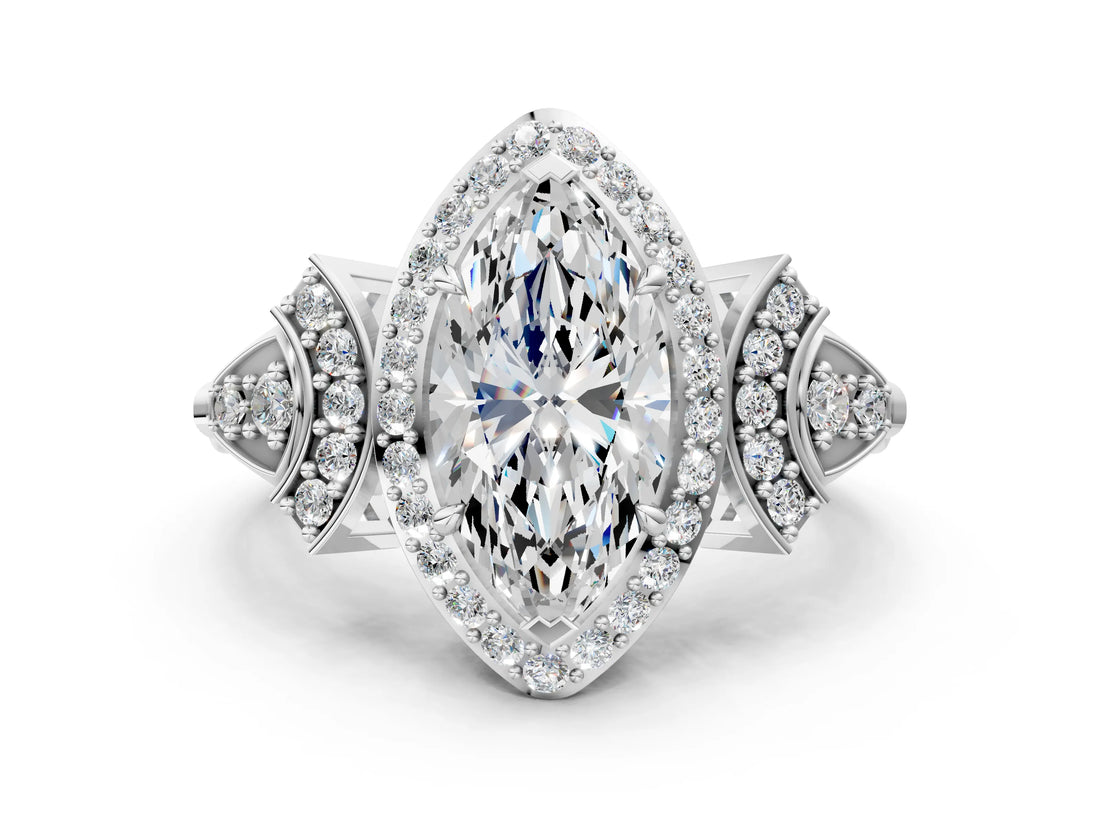 Silver Marquise Cut Halo Diamond Split Shank Engagement Ring with Four-Prong Setting_13