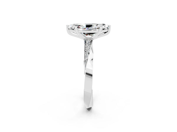 Silver Marquise Cut Moissanite Engagement Ring with Side Stone Accents and Four-Prong Setting