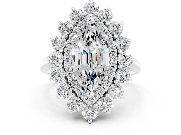 Silver Marquise Cut Moissanite Floral Double Halo Engagement Ring with Prong Setting