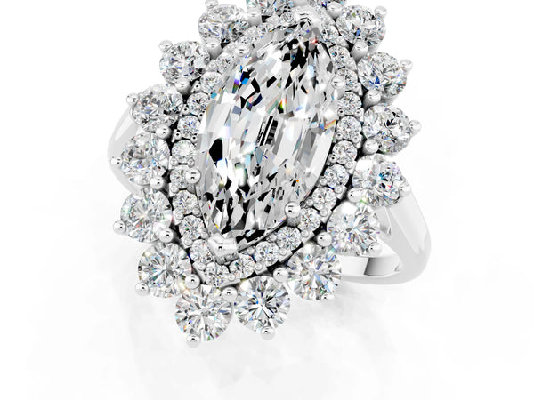 Silver Marquise Cut Moissanite Floral Double Halo Engagement Ring with Prong Setting