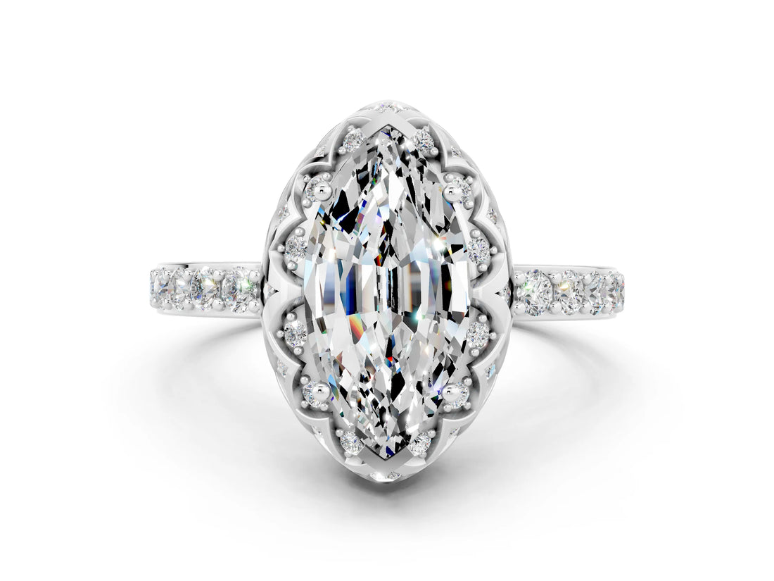 Silver Marquise Cut Moissanite Scalloped Halo Engagement Ring with Round Shared Prong Band_42