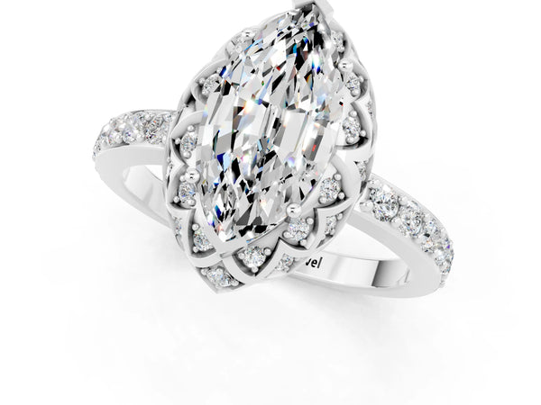 Silver Marquise Cut Moissanite Scalloped Halo Engagement Ring with Round Shared Prong Band