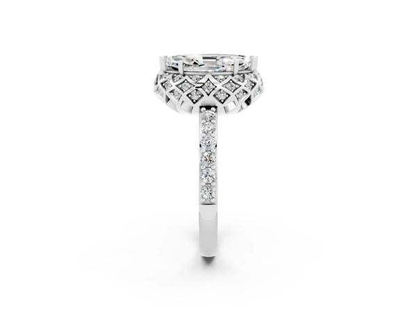 Silver Marquise Cut Moissanite Scalloped Halo Engagement Ring with Round Shared Prong Band