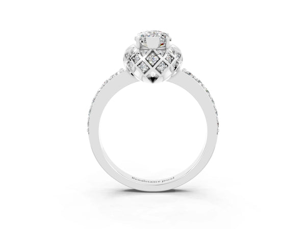 Silver Marquise Cut Moissanite Scalloped Halo Engagement Ring with Round Shared Prong Band