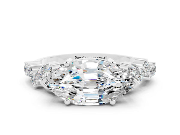 Silver Marquise Cut Moissanite Scattered Round Accent Ring with Prong Setting