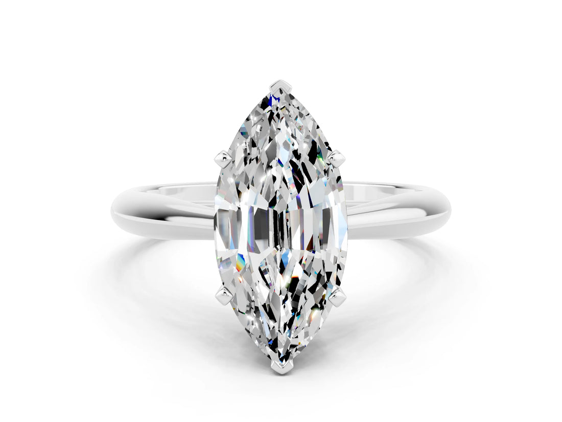Silver Marquise Cut Moissanite Solitaire Engagement Ring with Cathedral Setting and Four-Prong Mount