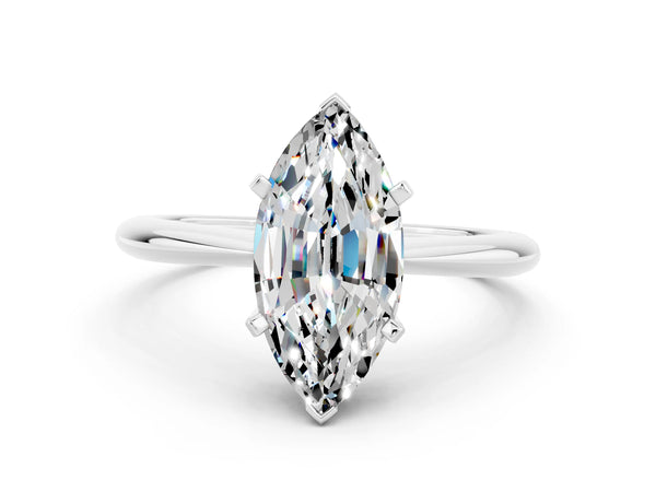 Silver Marquise Cut Moissanite Solitaire Engagement Ring with Classic Band and Four-Prong Setting