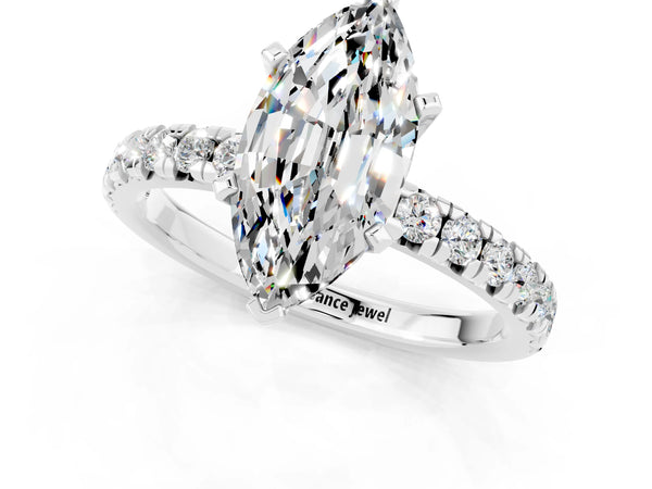 Silver Marquise Cut Moissanite Solitaire Pavé Engagement Ring with Round Band and Prong Setting