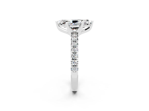 Silver Marquise Cut Moissanite Solitaire Pavé Engagement Ring with Round Band and Prong Setting